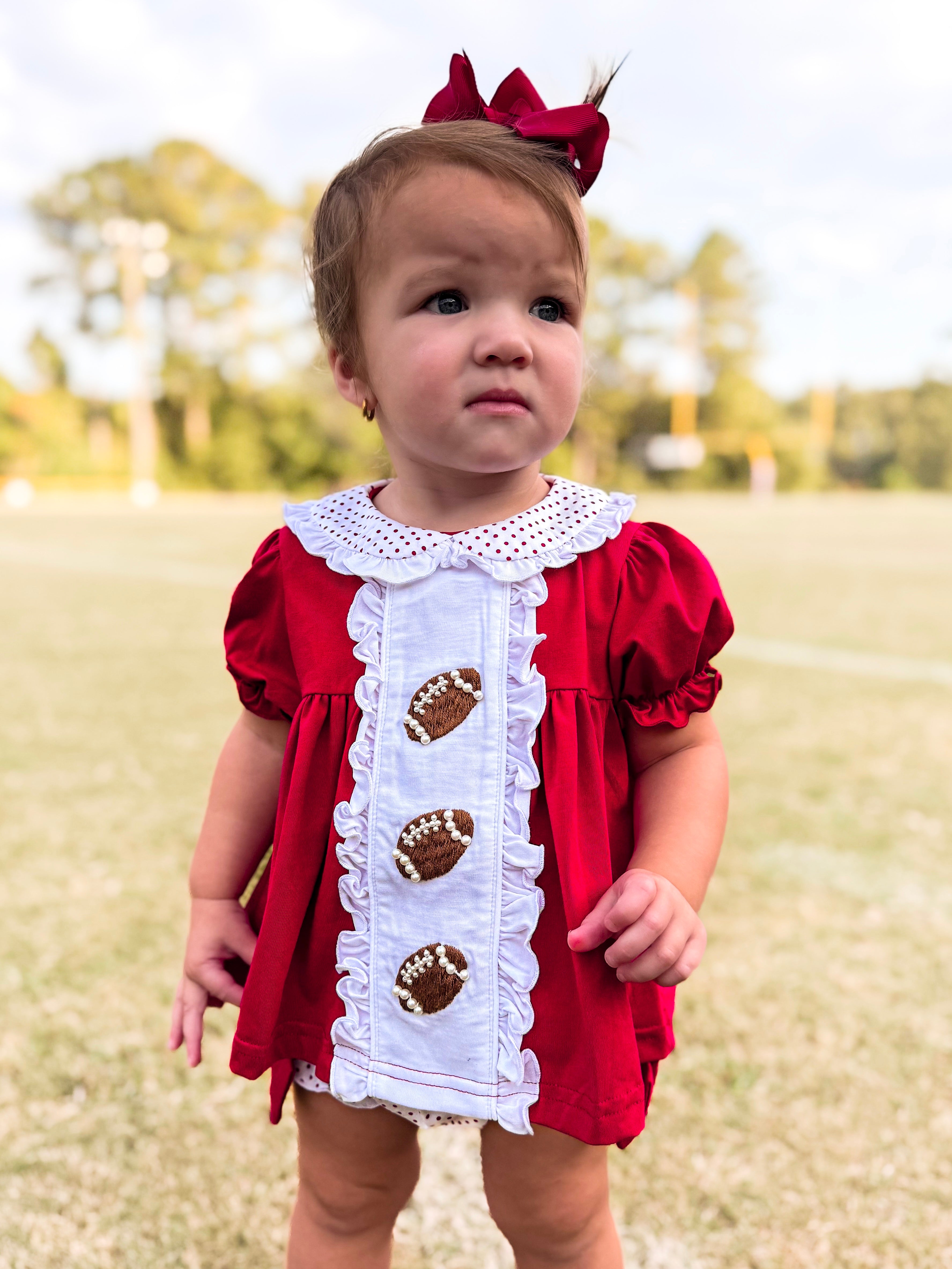 Dark Red Pearl Hand Embroidered Footballs Bloomer Set