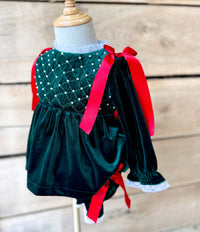 Girls Green Velvet Smocked Bloomer Set