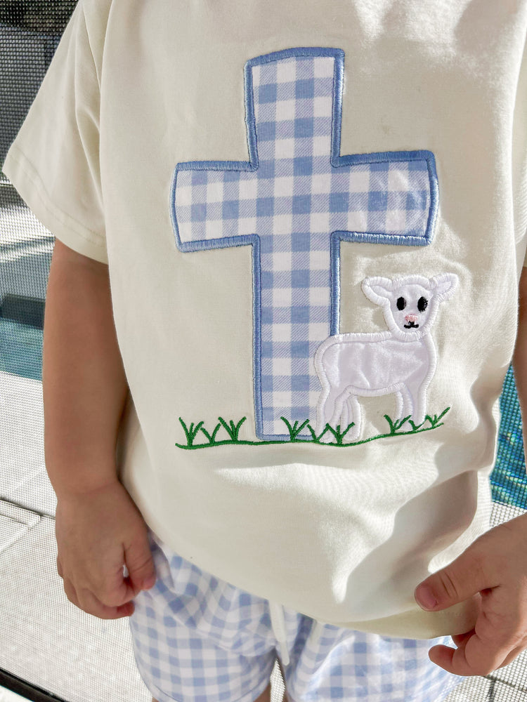 Boys Cross and Lamb Applique Knit Shirt