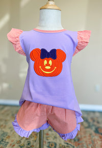 Girls Appliqué Jack-o’-lantern Mouse Ruffle Short Set