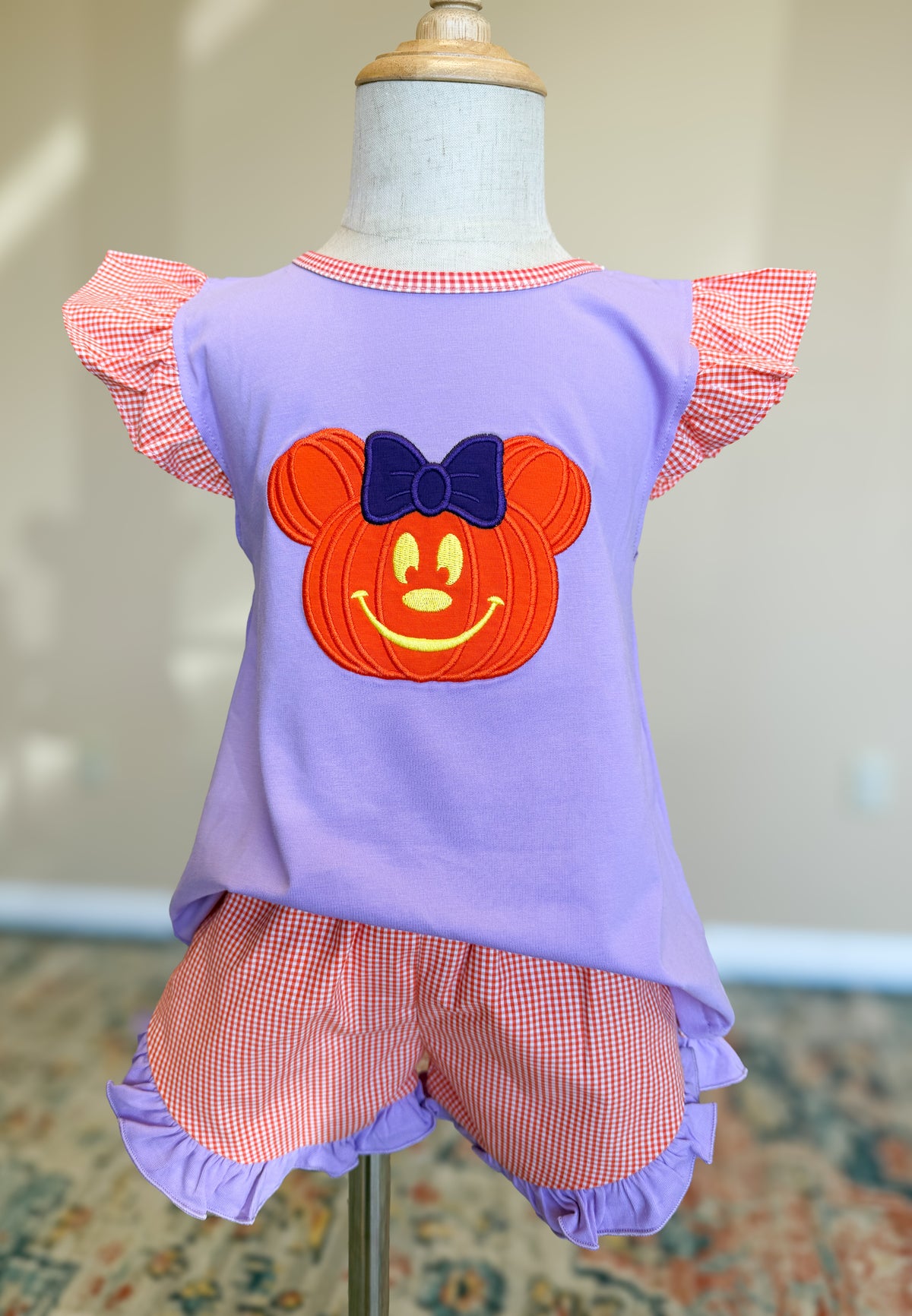 Girls Appliqué Jack-o’-lantern Mouse Ruffle Short Set