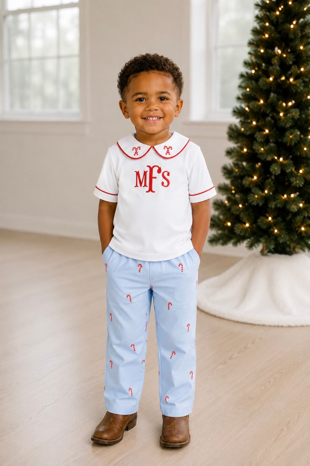 PRE ORDER Boys Embroidered Candy Cane Lane Pant Set | ETA to LBS: OCTOBER