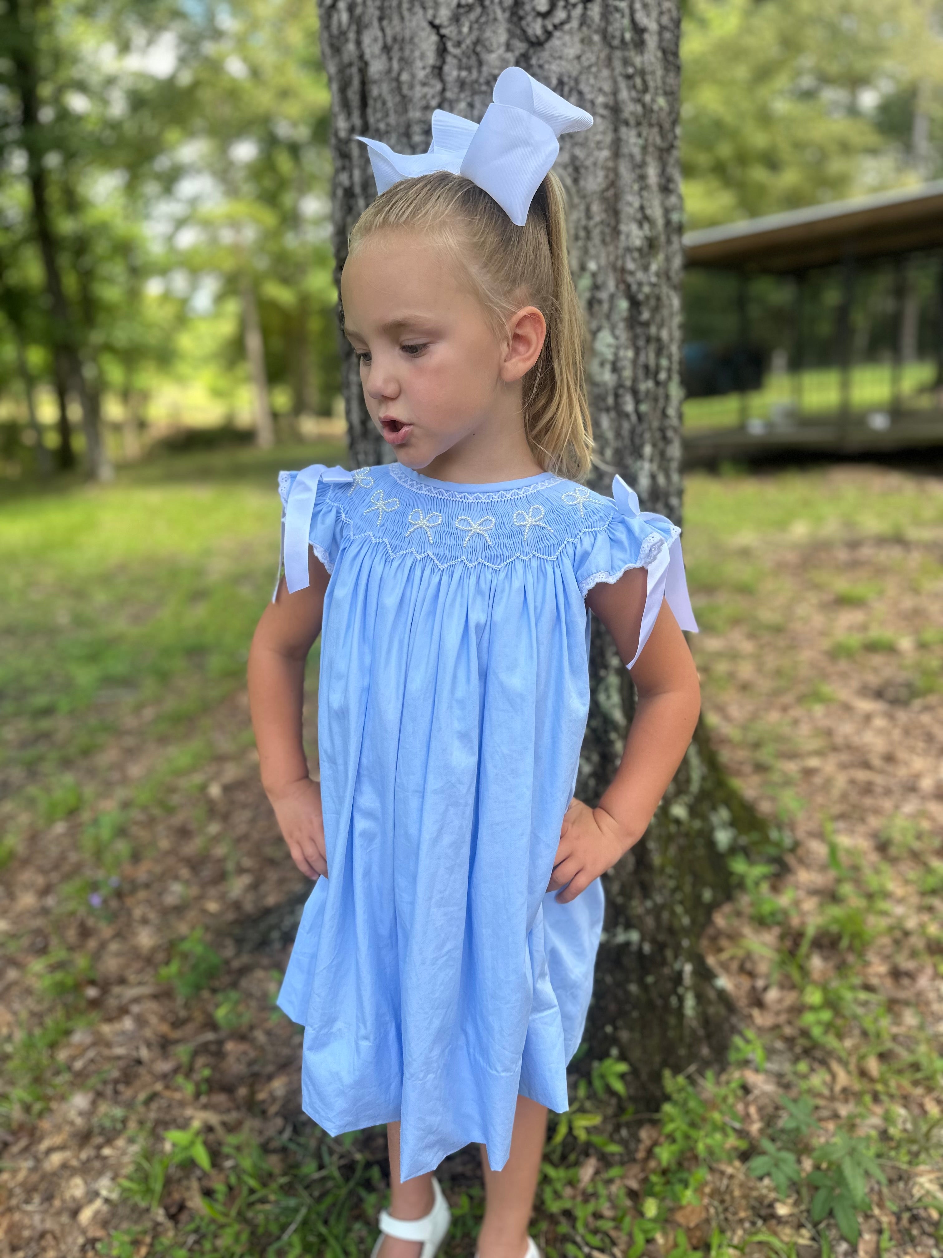 Girls Blue Smocked Pearl Bows Dress