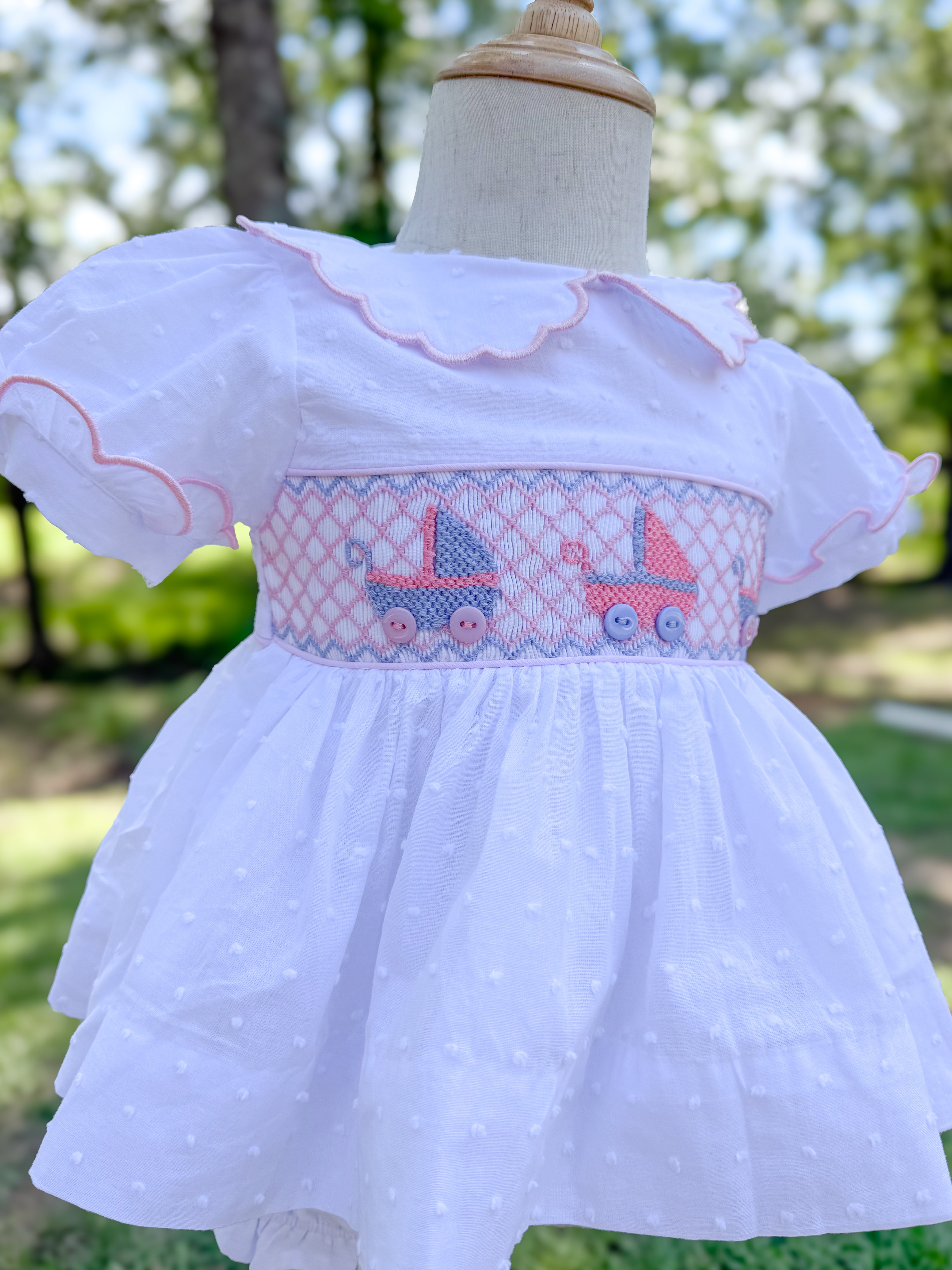 Girls Smocked Swiss Dot Baby Carriages Bloomer Set & Dress