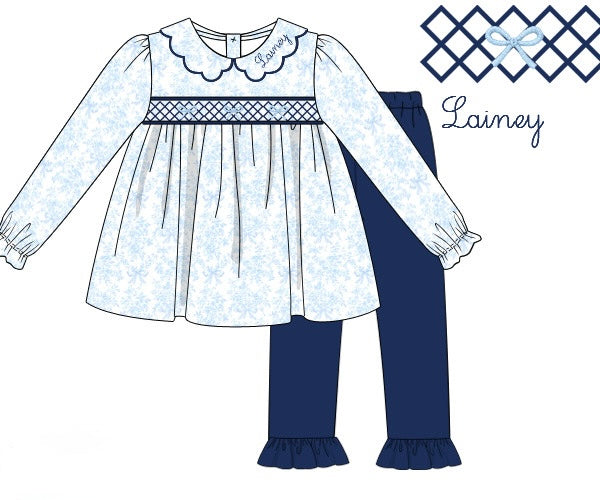 PRE ORDER Girls Smocked Blue Toile Ruffle Legging Set | ETA to LBS: DECEMBER