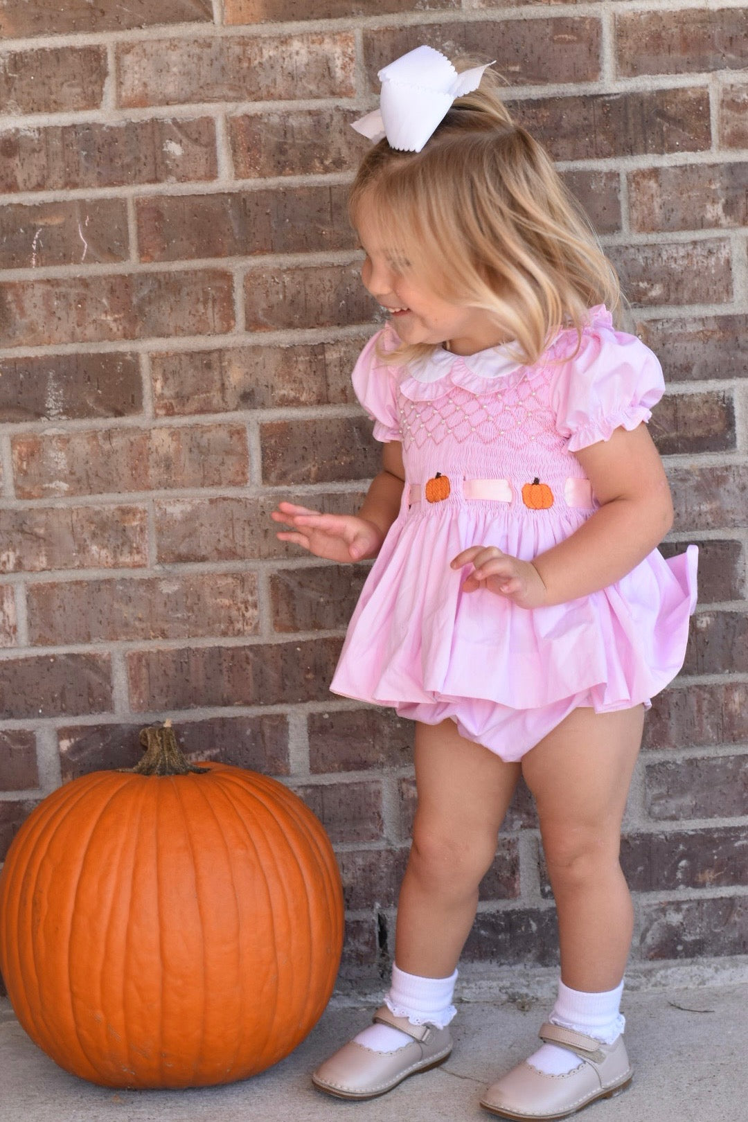 Girls Fancy Pumpkins Smocked Bloomer Set