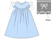 PRE ORDER Girls Blue Smocked Pearl Bows Dress ETA: MAY