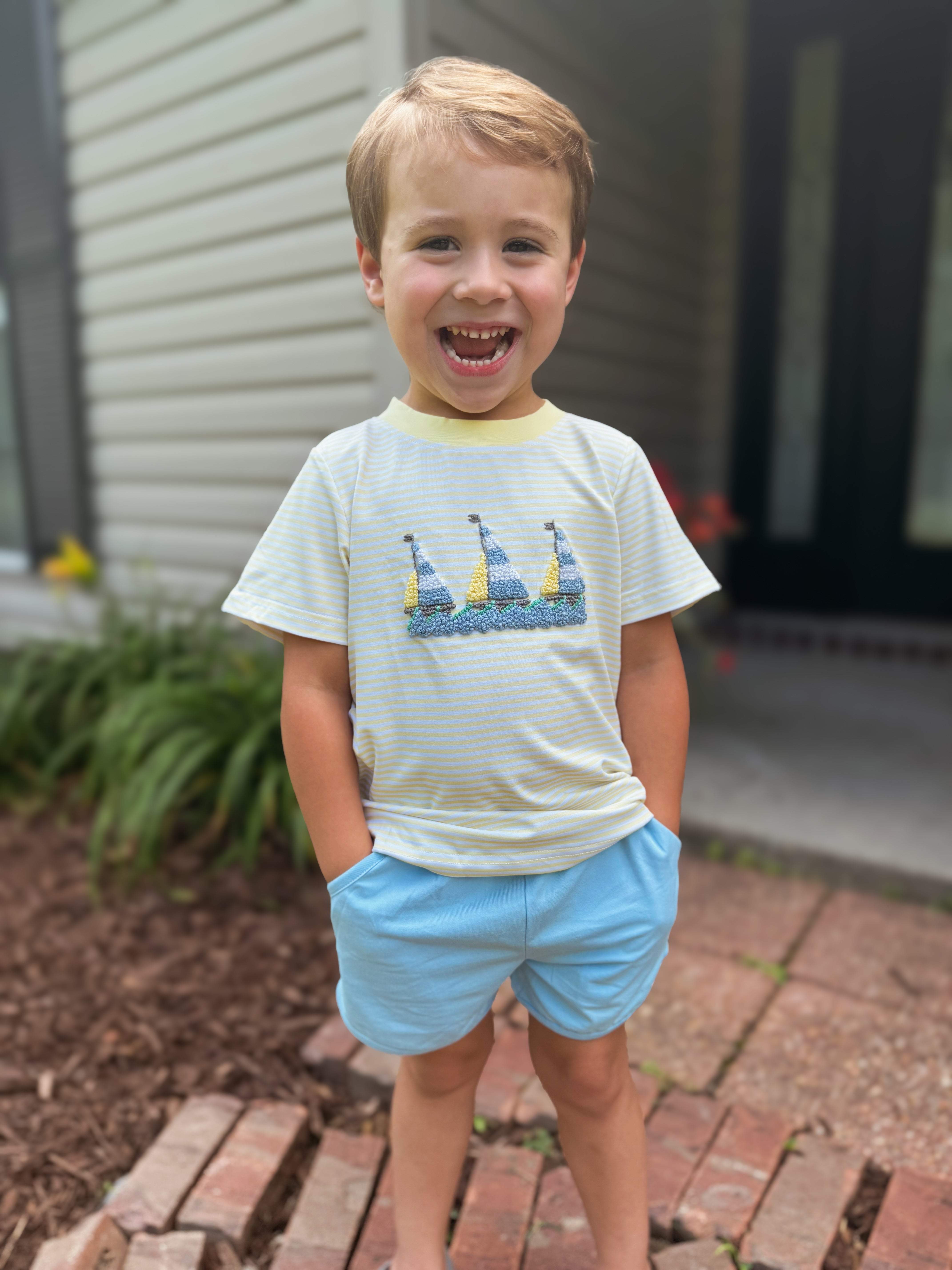 Boys French Knot Fish and Sail Boats Interchangeable Tops Short Set