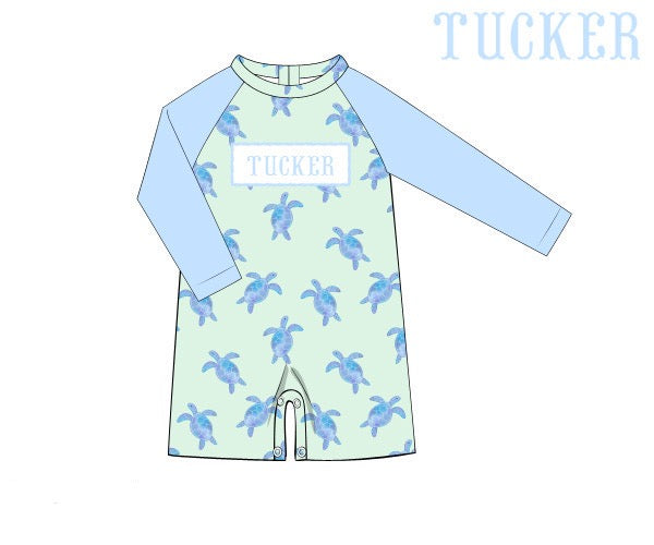 PRE ORDER Boys Name Smock Sea Turtle One-Piece Rash-Guard Swimsuit UPF 50+ | ETA to LBS: APRIL