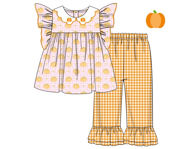 Girls Gingham Pumpkins Ruffle Pants Set