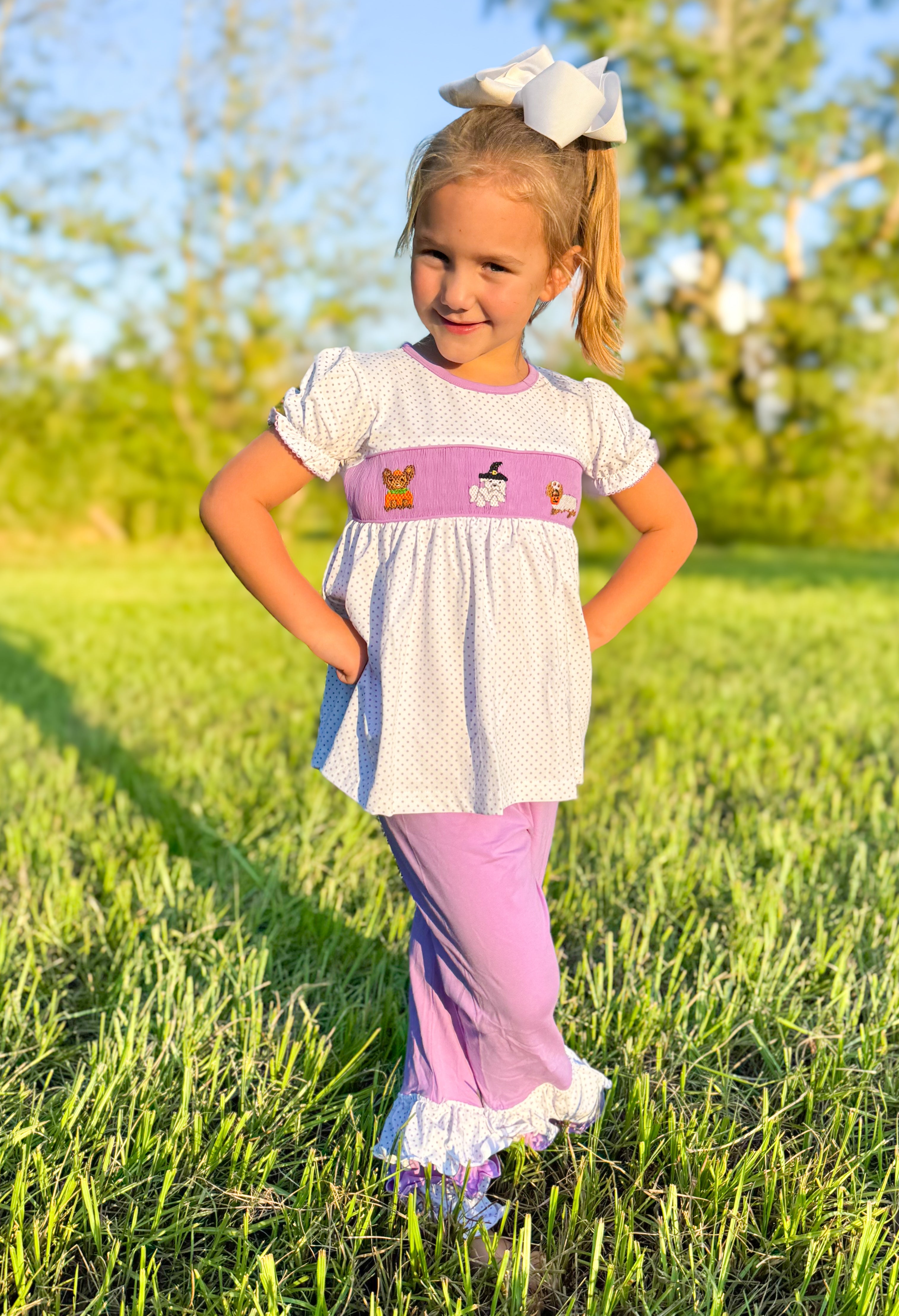 Girls Smocked Spooky Pups Ruffle Pants Set