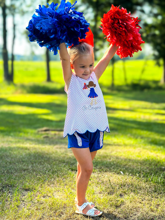 Girls Royal Blue and Orange Cheerleader Short Set (cheerleader only)