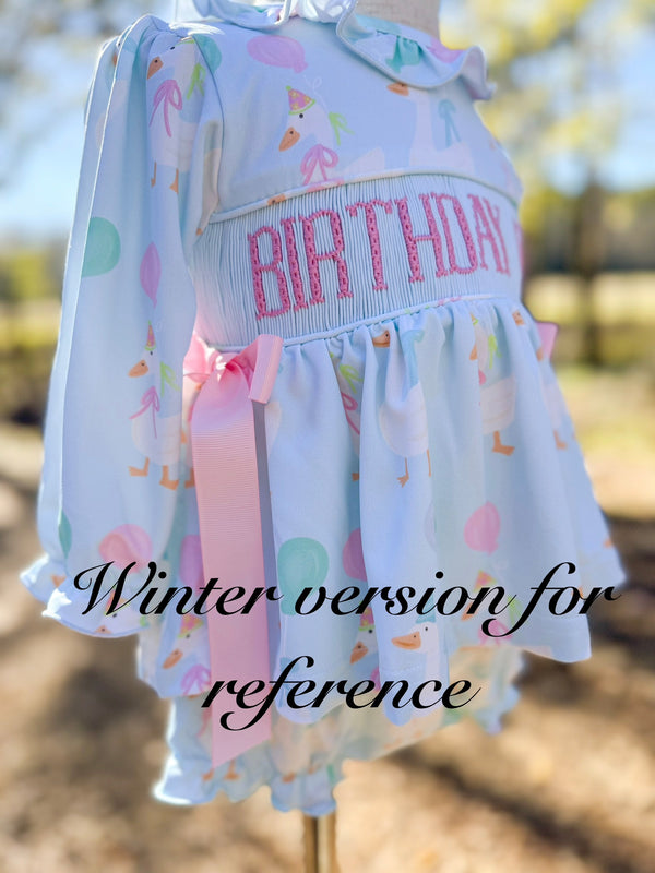 PRE ORDER Girls Smocked Birthday Goose Bloomer Set & Dress | ETA to LBS: JUNE