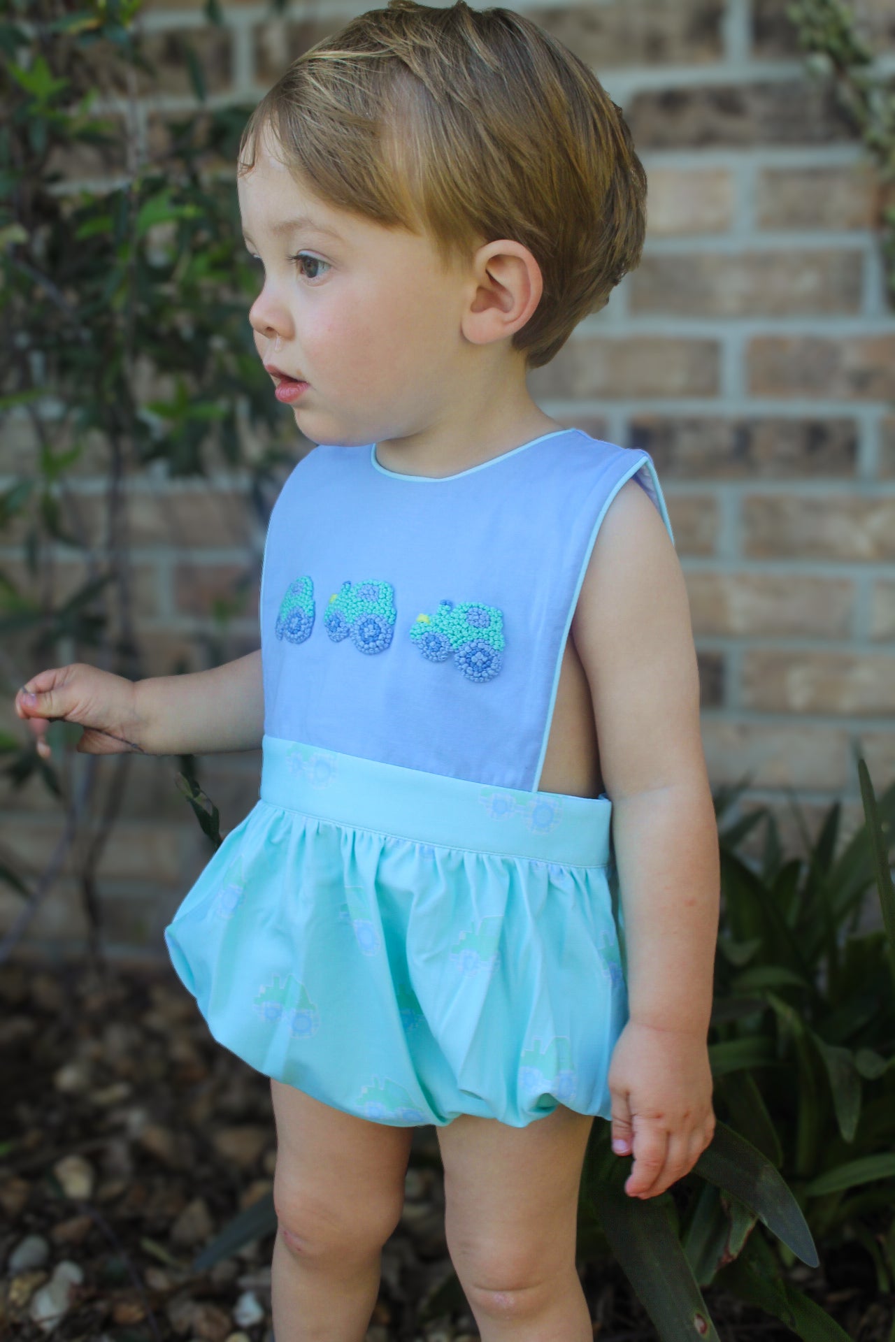 Boys French Knot Big Green Tractor Bubble