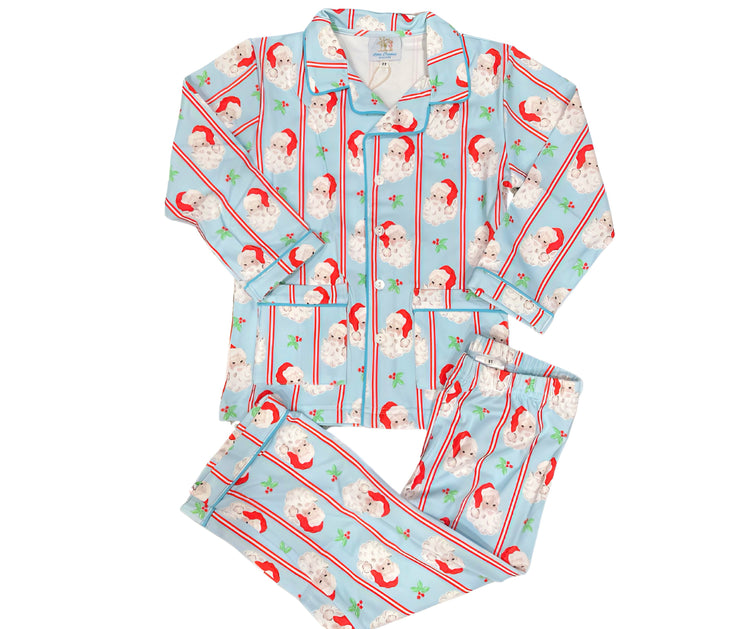 Boys Blue Santa Knit Button Down Pajamas