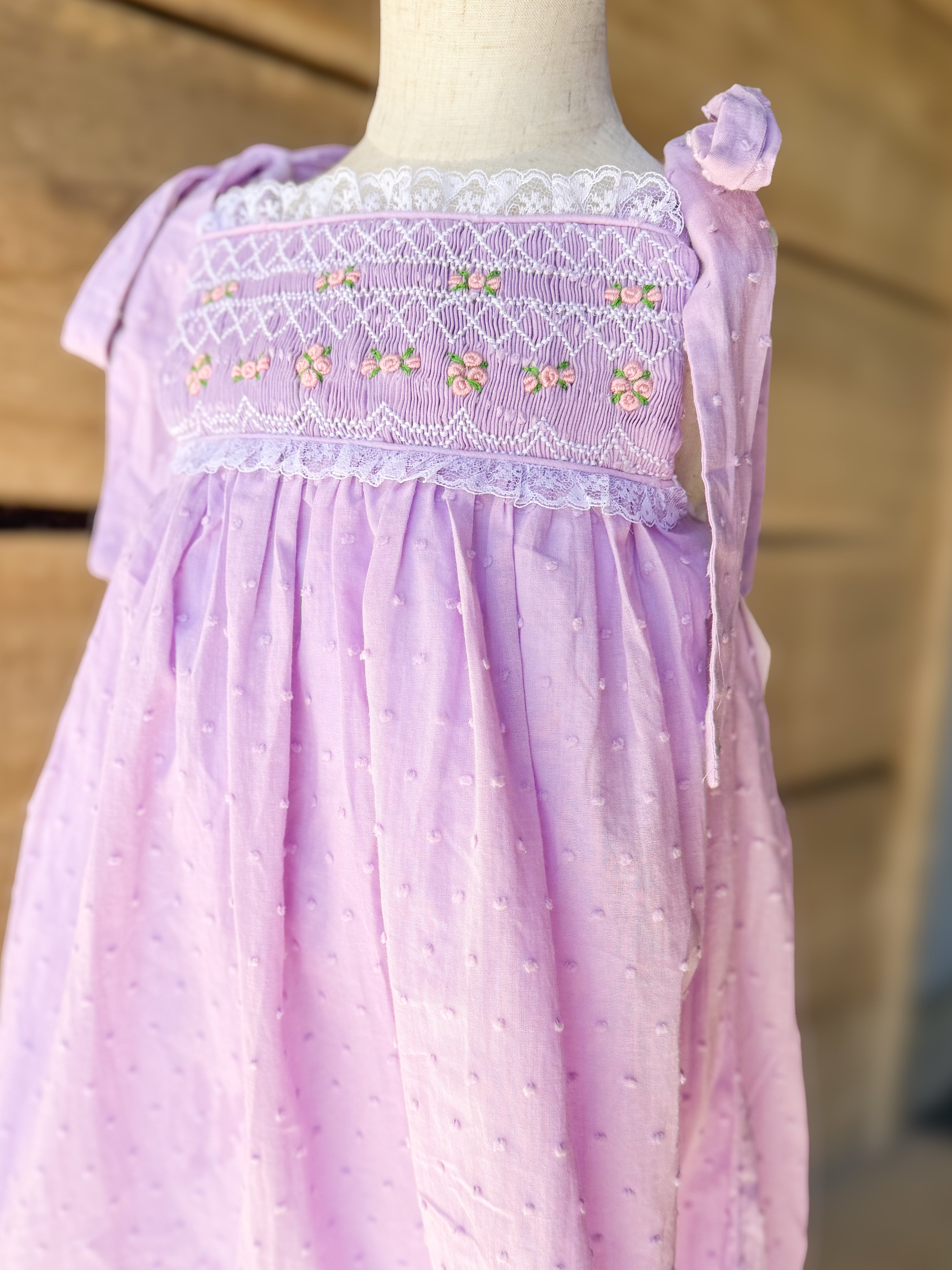 Girls Purple Swiss Dot Heirloom Smocked Dress
