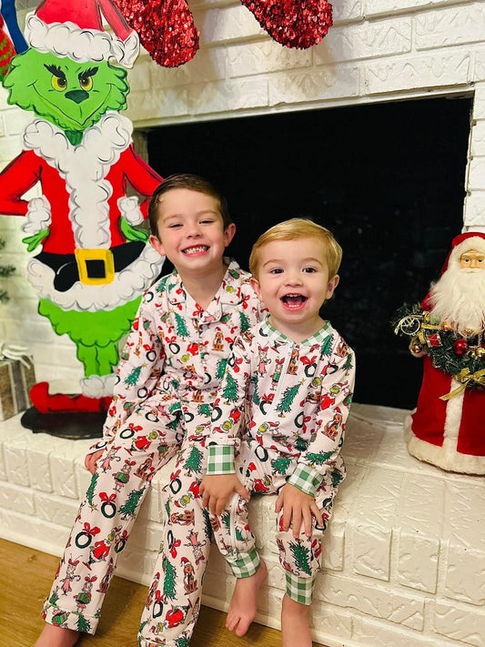 Boys Grinch Knit Button Down Pajamas