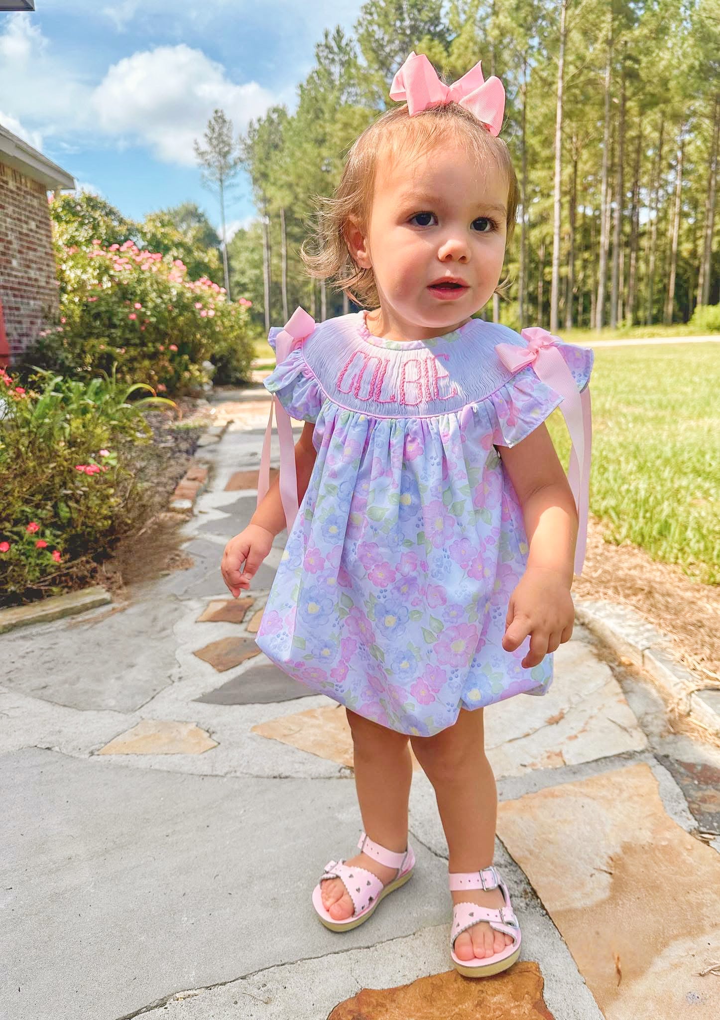 Girls “LITTLE SISTER” Spring Blooms Smocked Bubble