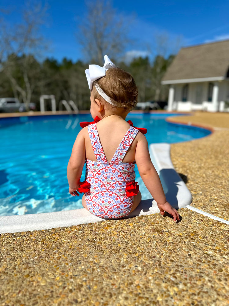 Girls Patriotic Floral 1 Piece Swimsuit