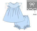 PRE ORDER Girls Blue Smocked Pearl Bows Bloomer Set ETA: MAY