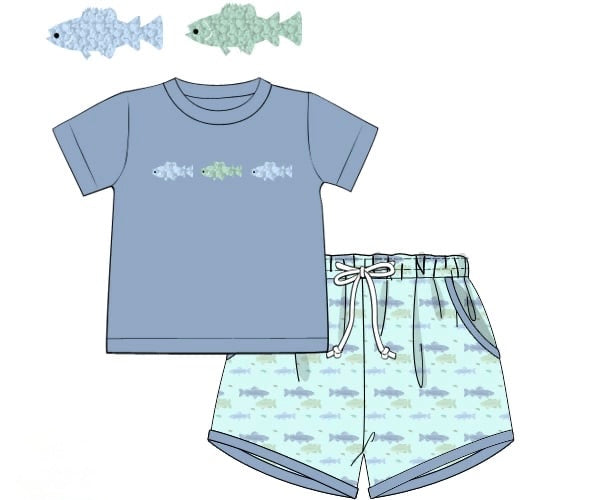 Boys French Knot Fish Short Set