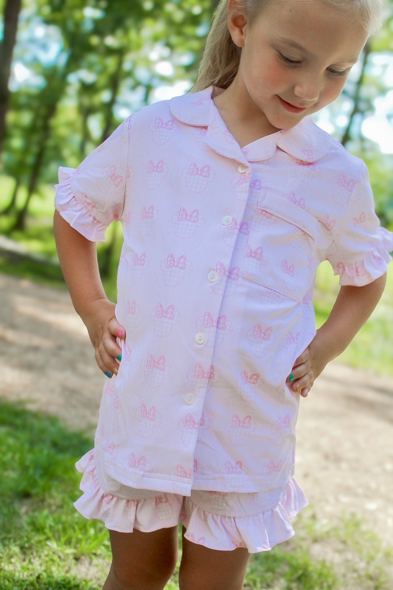 Girls Gingham Mouse Knit Pajama Set RTS