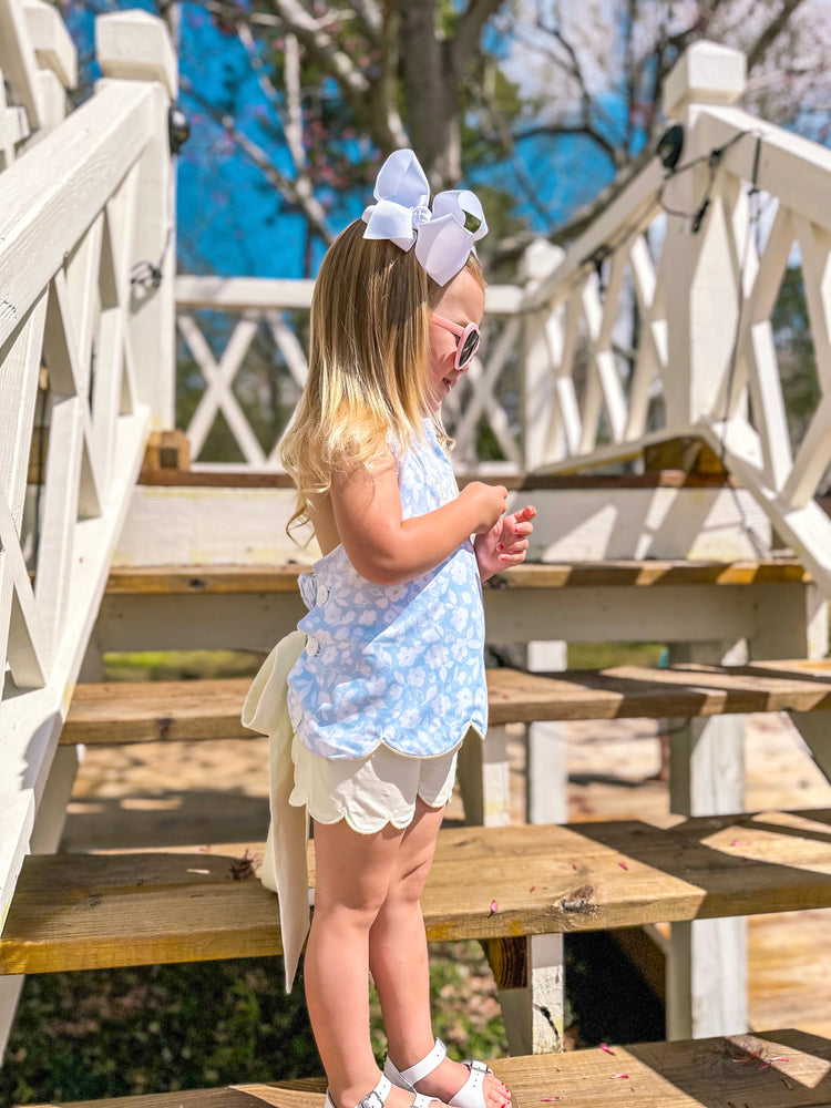 Girls Blue Floral Scalloped Short Set