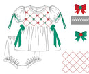 PRE ORDER Girls Smocked and Beaded Bow-tiful Christmas Heirloom Bloomer Set & Dress | ETA to LBS: OCTOBER