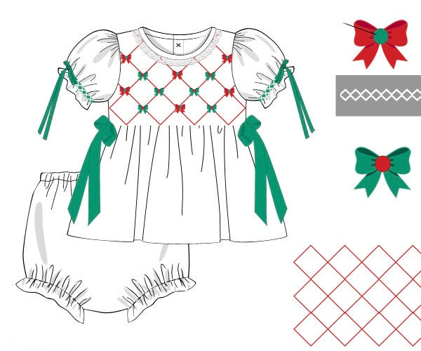 PRE ORDER Girls Smocked and Beaded Bow-tiful Christmas Heirloom Bloomer Set & Dress | ETA to LBS: OCTOBER