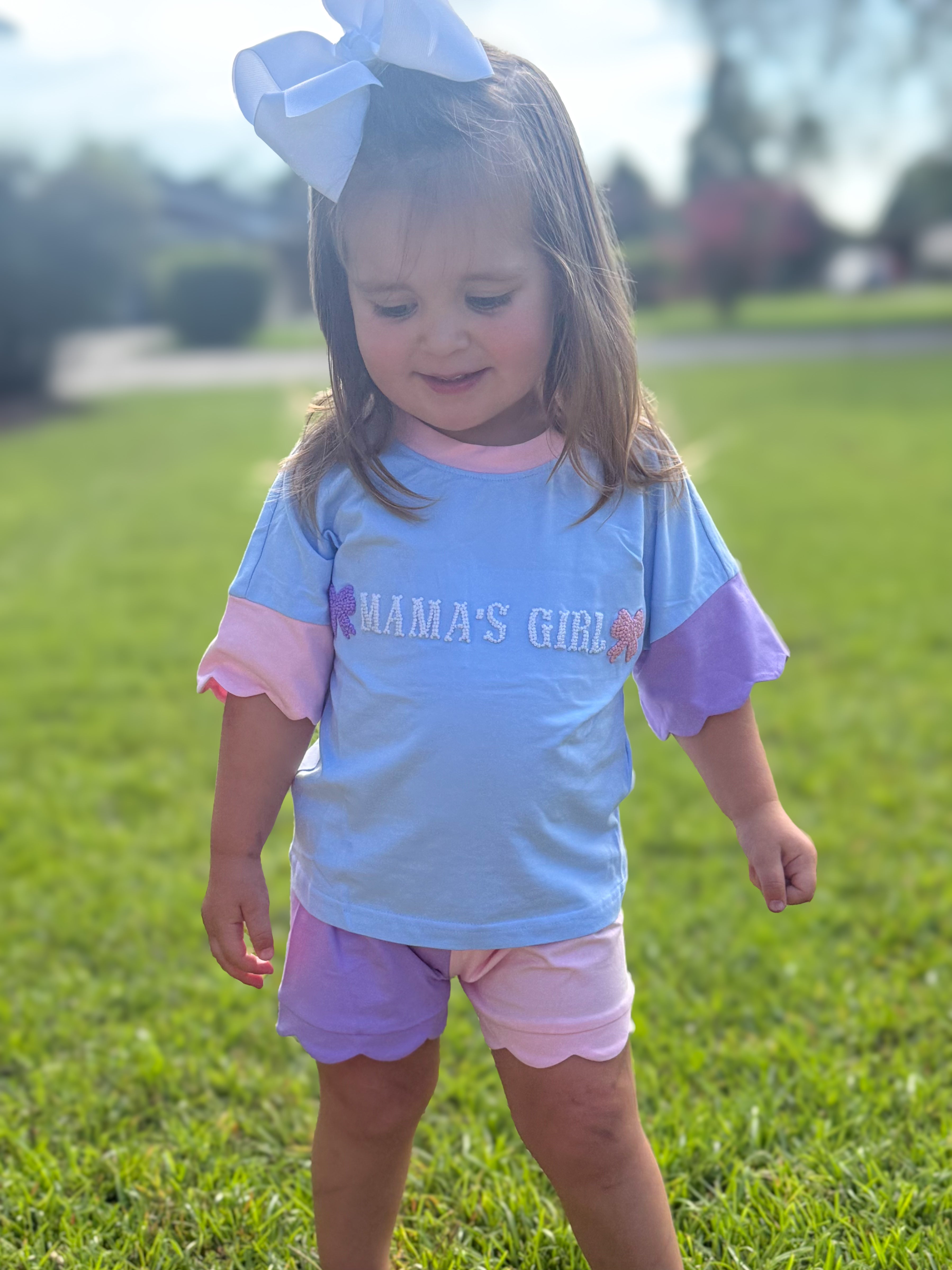 Girls French Knot “Mama’s Girl” Bows Color Block Short Set