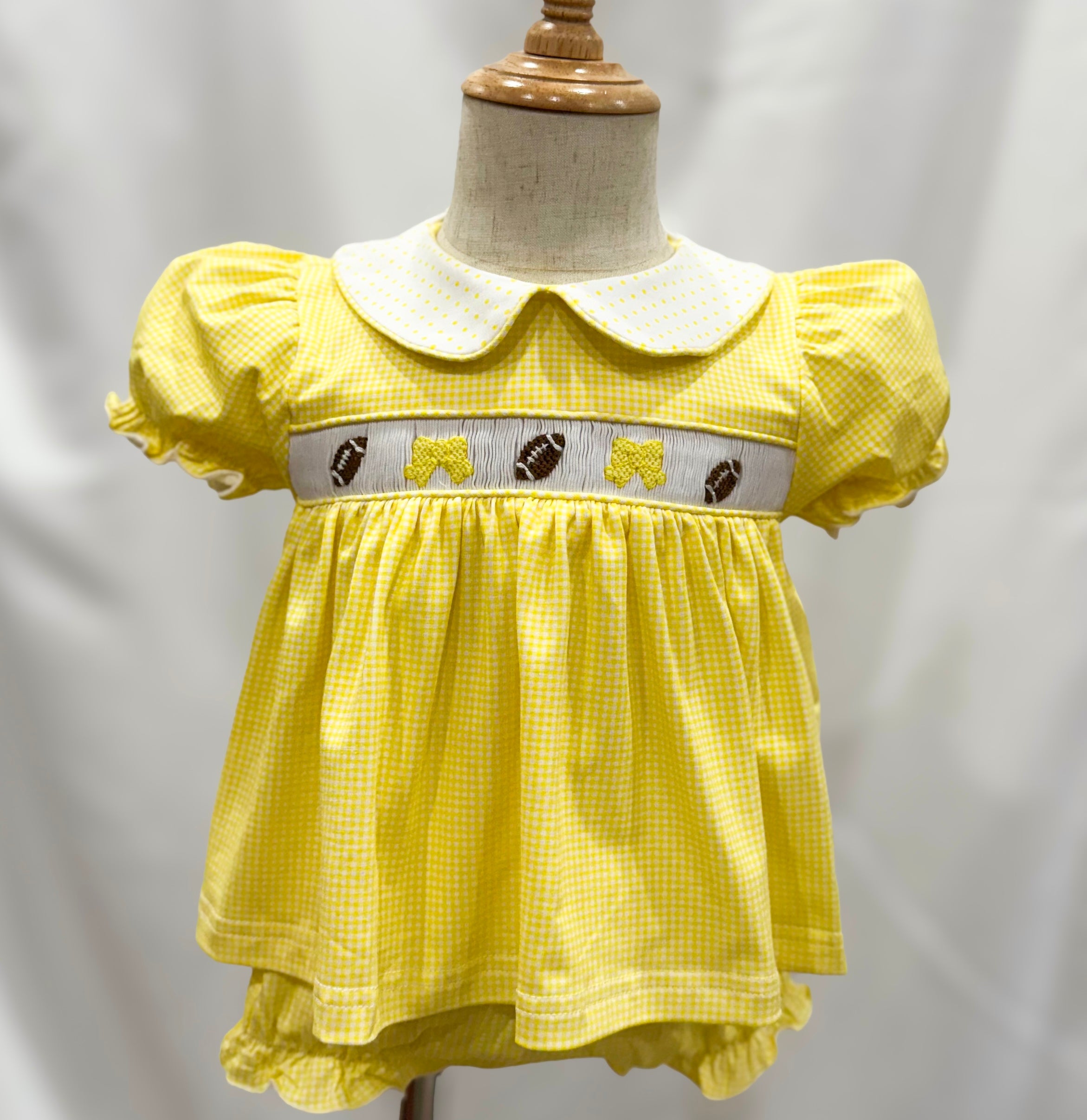Gold Smocked Footballs and Bows Bloomer Set