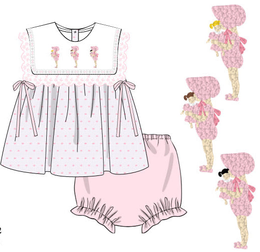 PRE ORDER Girls French Knot Light Skin Little Miss Dolly Bloomer Set & Dress | ETA to LBS: LATE March