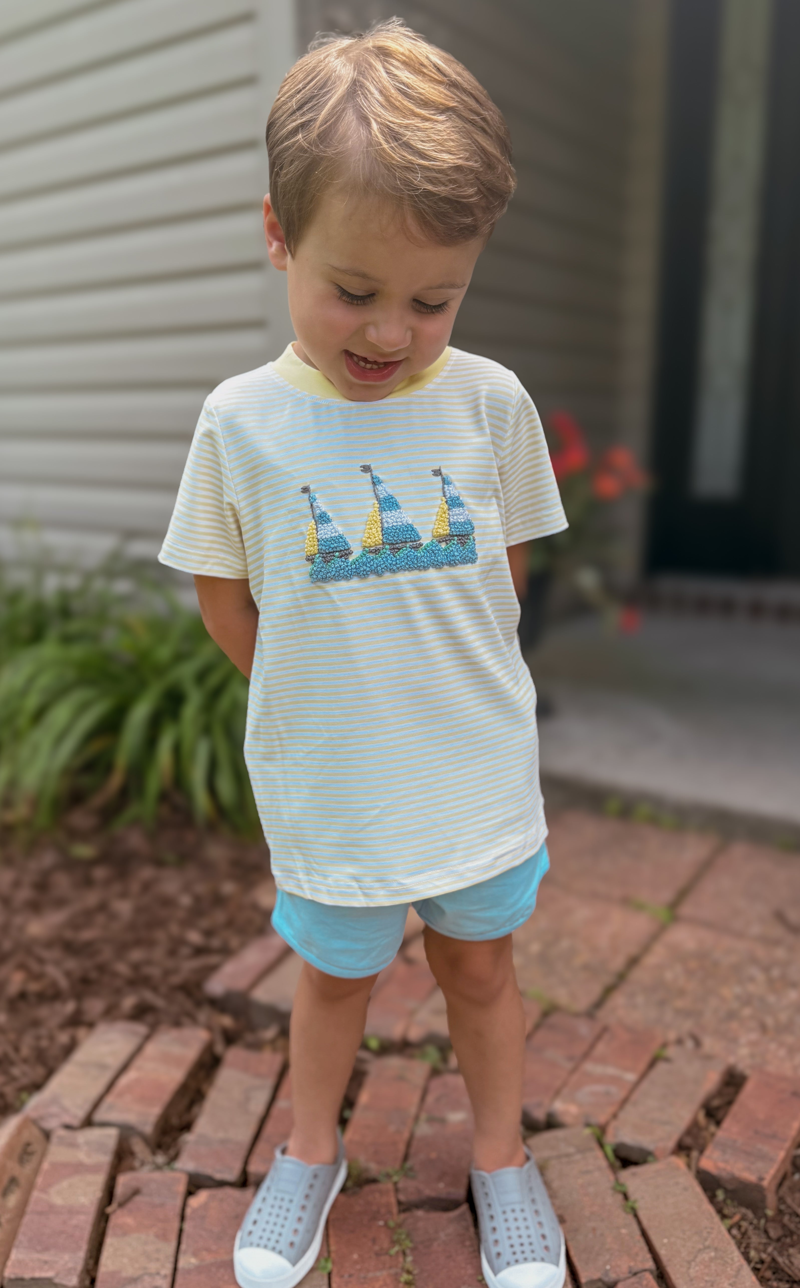Boys French Knot Fish and Sail Boats Interchangeable Tops Short Set