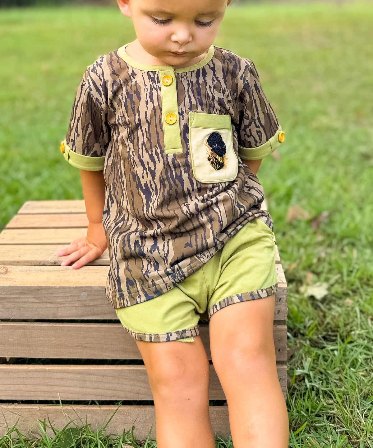 Boys French Knot Dog Bottomland Camo Short Set