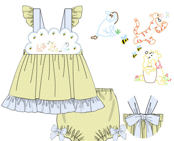 Girls Embroidered Sweet as Honey Bloomer Set & Dress