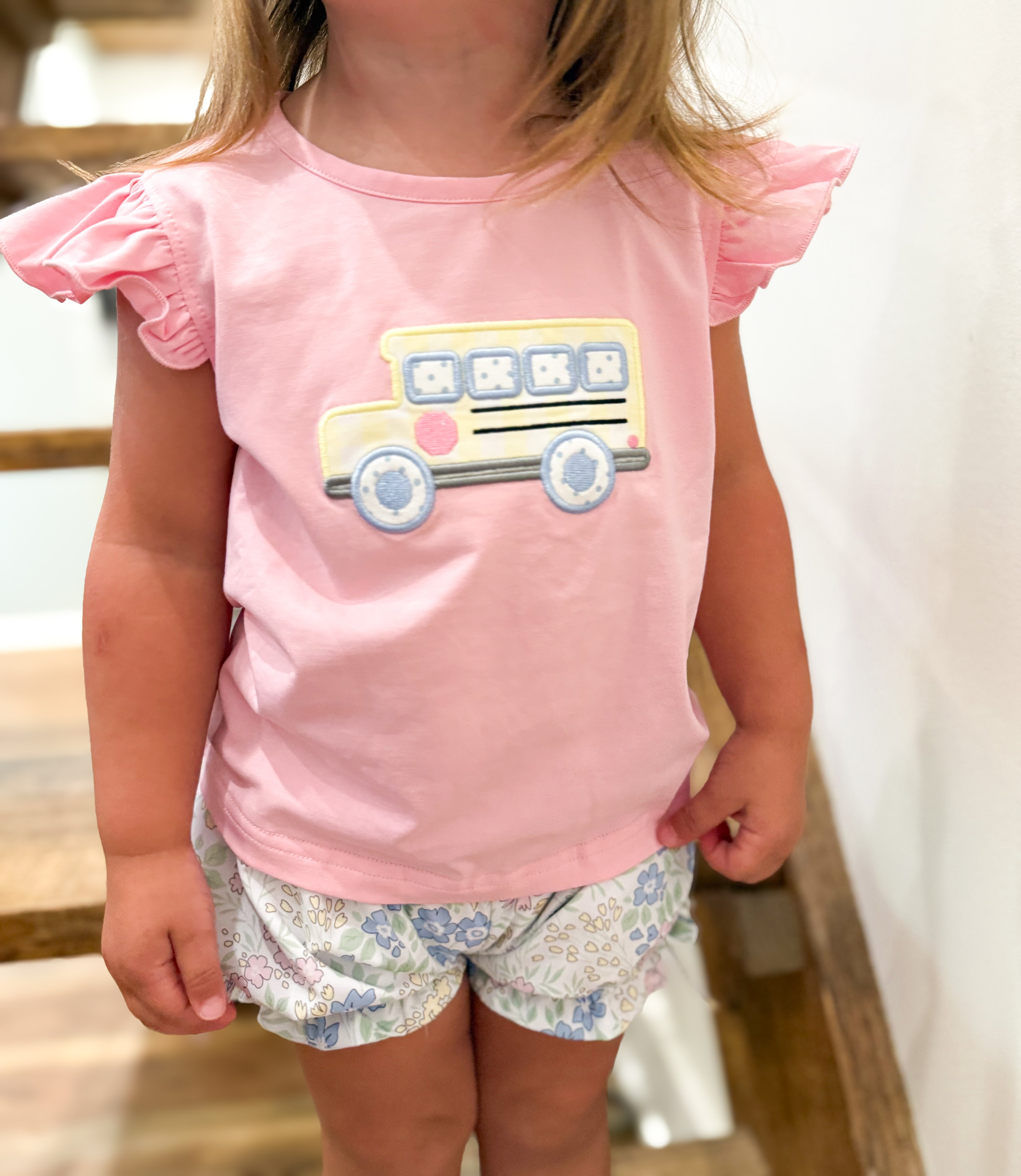 Girls Appliqué 2-Tops School Floral Bloomer Shorts Set