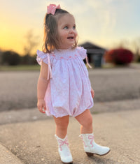 Girls Toile Garden Bows Smocked Bubble