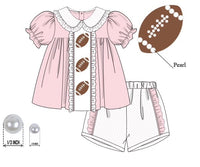 Girls Pink Pearl Hand Embroidered Footballs Ruffle Short Set