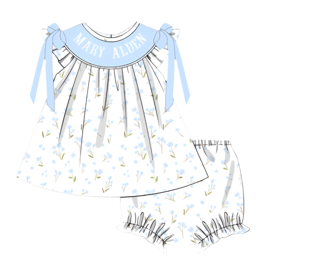 Girls “Jesus Loves Me” Smock Blue Meadow Bloomer Set & Dress