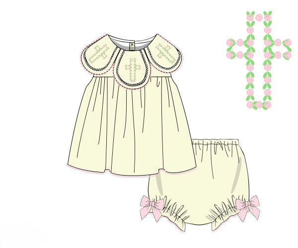 PRE ORDER Girls Bullion Stitch Rosette Crosses Bloomer Set & Dress | ETA to LBS: FEBRUARY