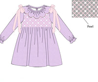 PRE ORDER Girls Smocked Lavender Swiss Dot Pretty as a Pearl Bloomer Set & Dress | ETA to LBS: NOVEMBER