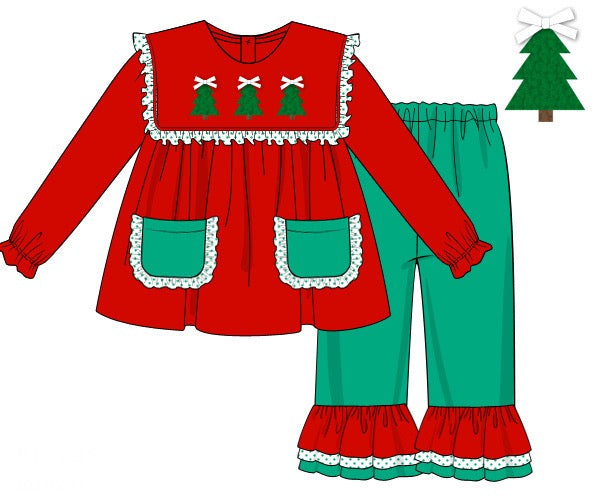 Girls French Knot Trees Ruffle Pants Set