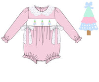 Girls Pastel Christmas Trees Smocked Corduroy Bubble