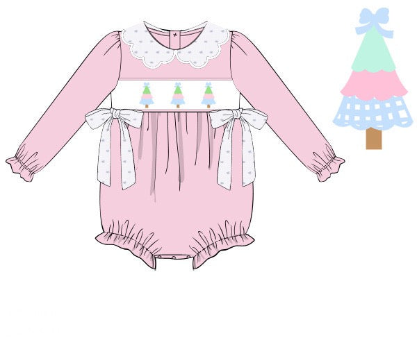 Girls Pastel Christmas Trees Smocked Corduroy Bubble