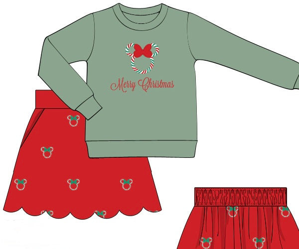 PRE ORDER Women’s Embroidered Candy Cane Mouse Knit Skort and Sweatshirt Set | ETA to LBS: OCTOBER