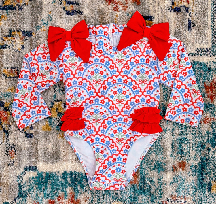 Girls Patriotic Floral Rashguard Swimsuit