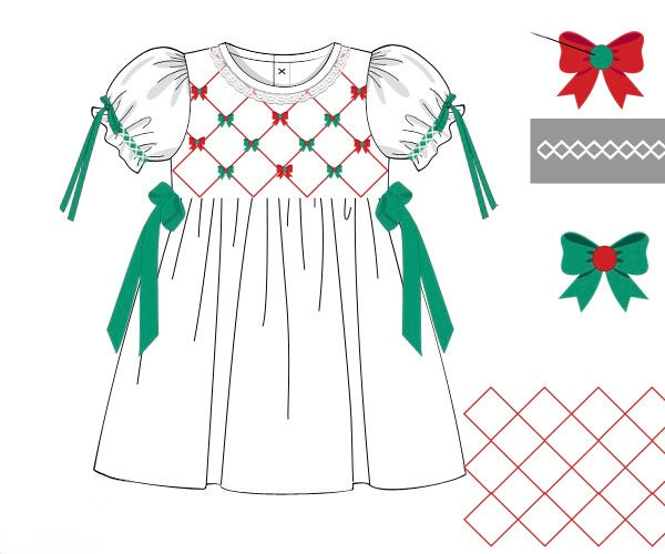 PRE ORDER Girls Smocked and Beaded Bow-tiful Christmas Heirloom Bloomer Set & Dress | ETA to LBS: OCTOBER