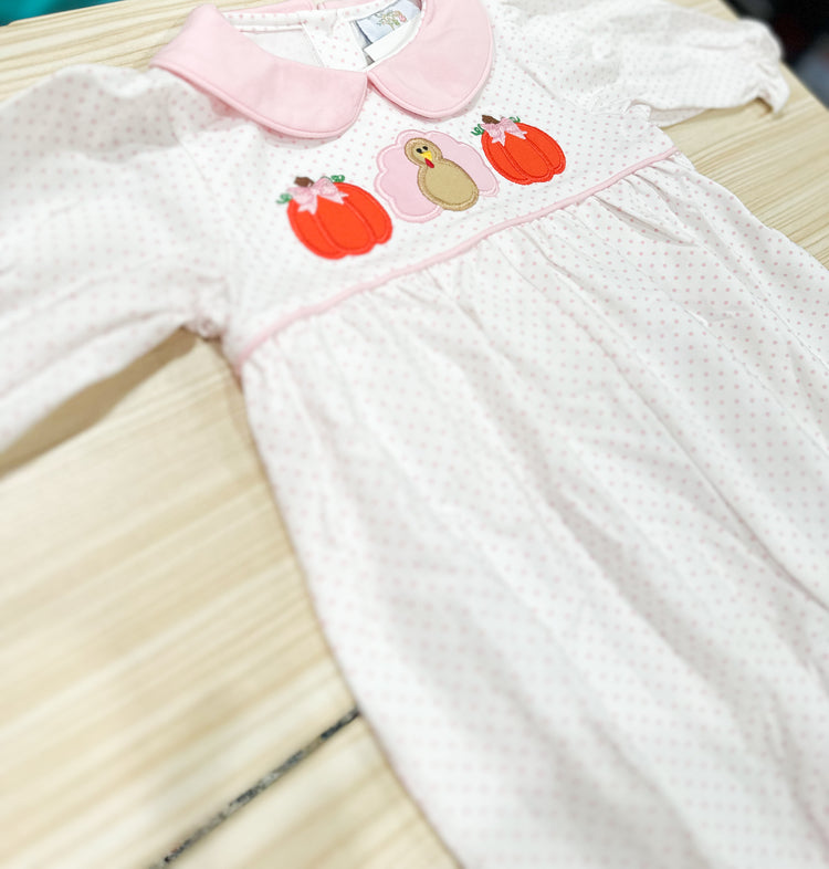 Girls Pink Dot Turkey Pumpkin Appliqué Ruffle Romper