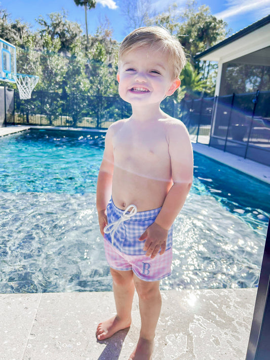 Boys Gingham Color Block Swim Trunks