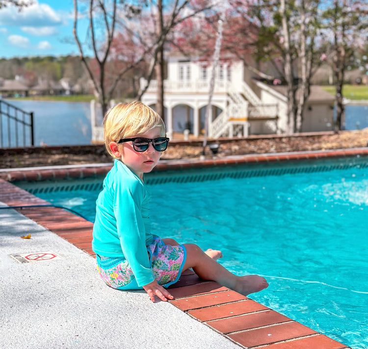 Boys Preppy Beach Vacation Swim Trunks and Rash-guard Shirt